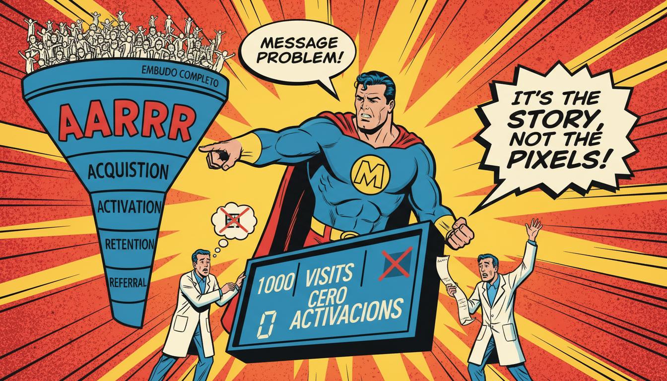 Genera una imagen estilo comic para esto: Un servicio nuevo necesita que midas si la gente entendió antes de medir si co